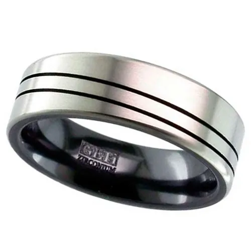 Zirconium Ring with Twin Black Diagonal Lines